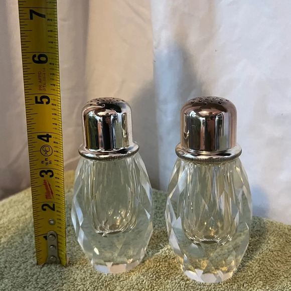 Vintage Faceted Heavy Lead Crystal Salt and Pepper Grinder | Sterling Plate Top - Picture 2 of 8